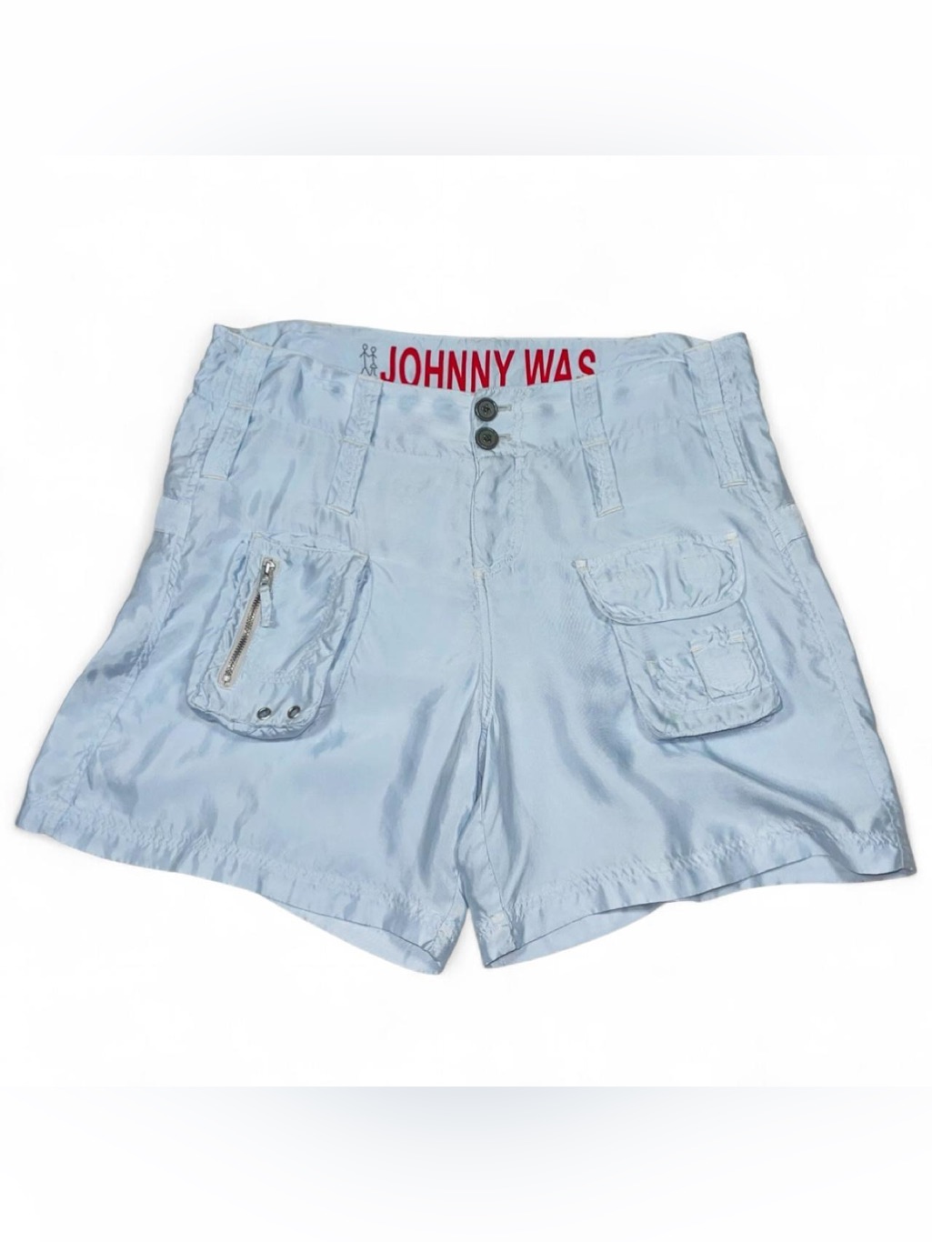 Johnny Was Baby Blue Satin Cargo Shorts Women’s Size 6 W32 L6 Zipper Pockets